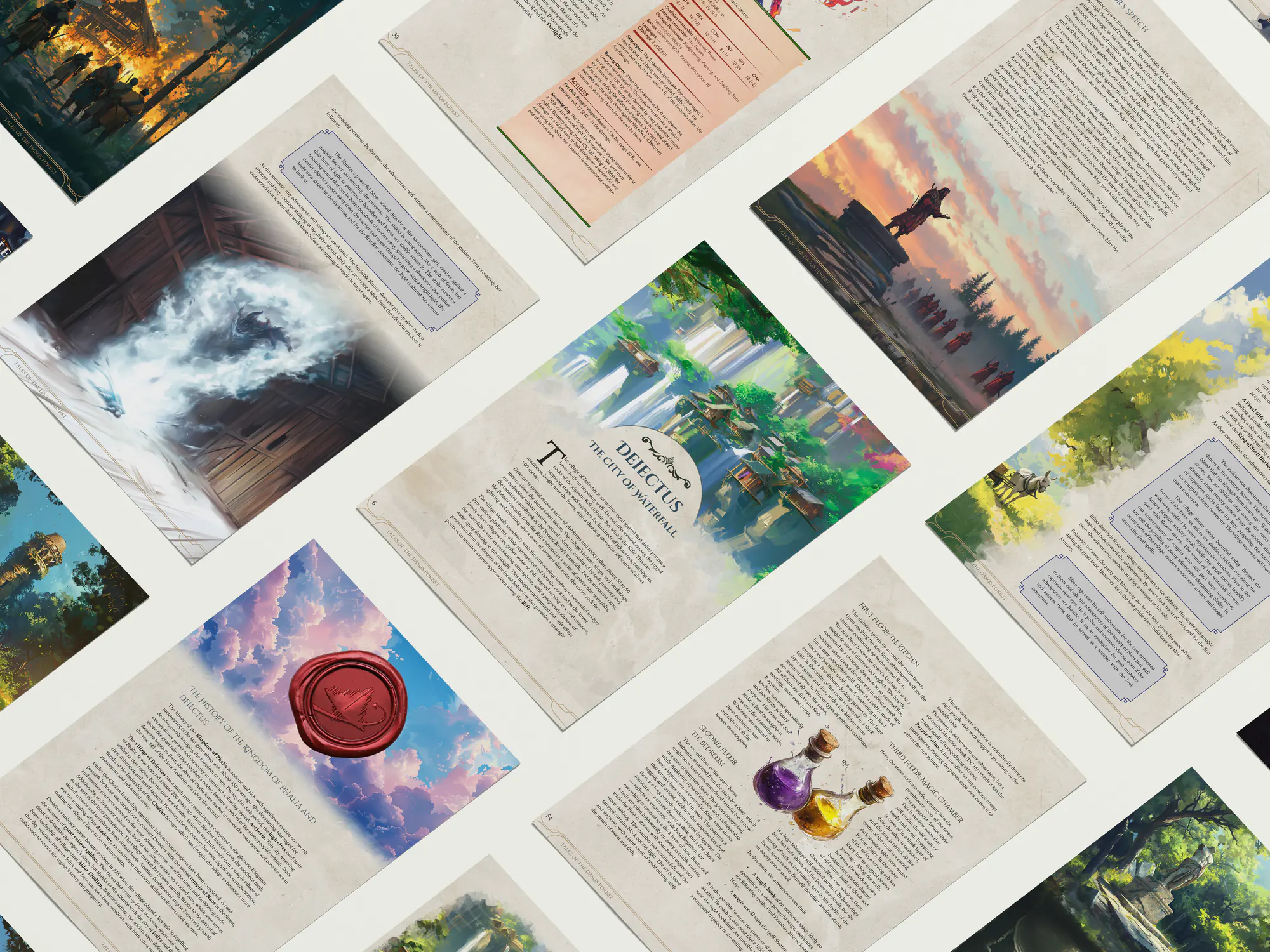 Pagine del libro disposte in diagonale: Deiectus, le illustrazioni a piena pagina, i blocchi statistiche e gli oggetti magici